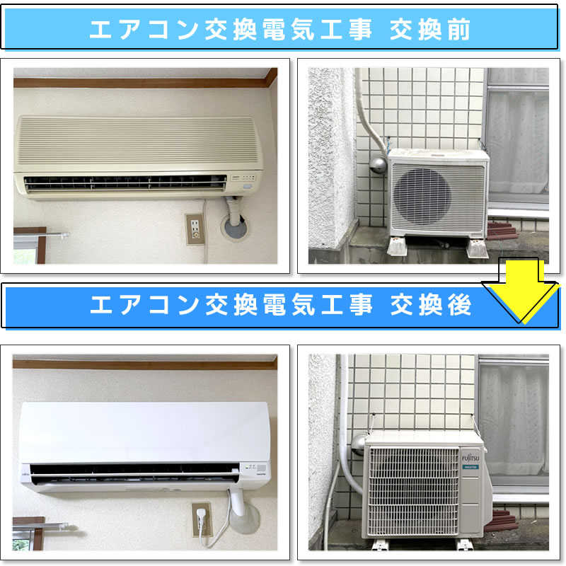 エアコン交換電気工事(既設：SRK2206-W(三菱電機)→交換機種：AS-AH221L-Wノクリア(富士通ゼネラル))および、分電盤交換電気工事(交換機種：BQR3362 パナソニック住宅分電盤 標準タイプ リミッタースペース付 6+2 30A)